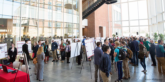 Liberty University students present research posters in the Jerry Falwell Library.