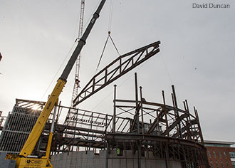 A truss is lifted into place at the Center for Music and the Worship Arts auditorium in March 2015.