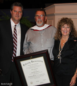 Jerry Falwell Jr, A.C. "Buzzy" Coleman, of Coleman-Adams Construction, and Martha Anne Coleman