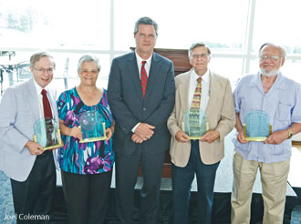 Dr. Markteinhoff, Mary Lou Garlock, Liberty University Chancellor Jerry Falwell Jr, Dr. Cline Hall, and Dr. Bill Matheny