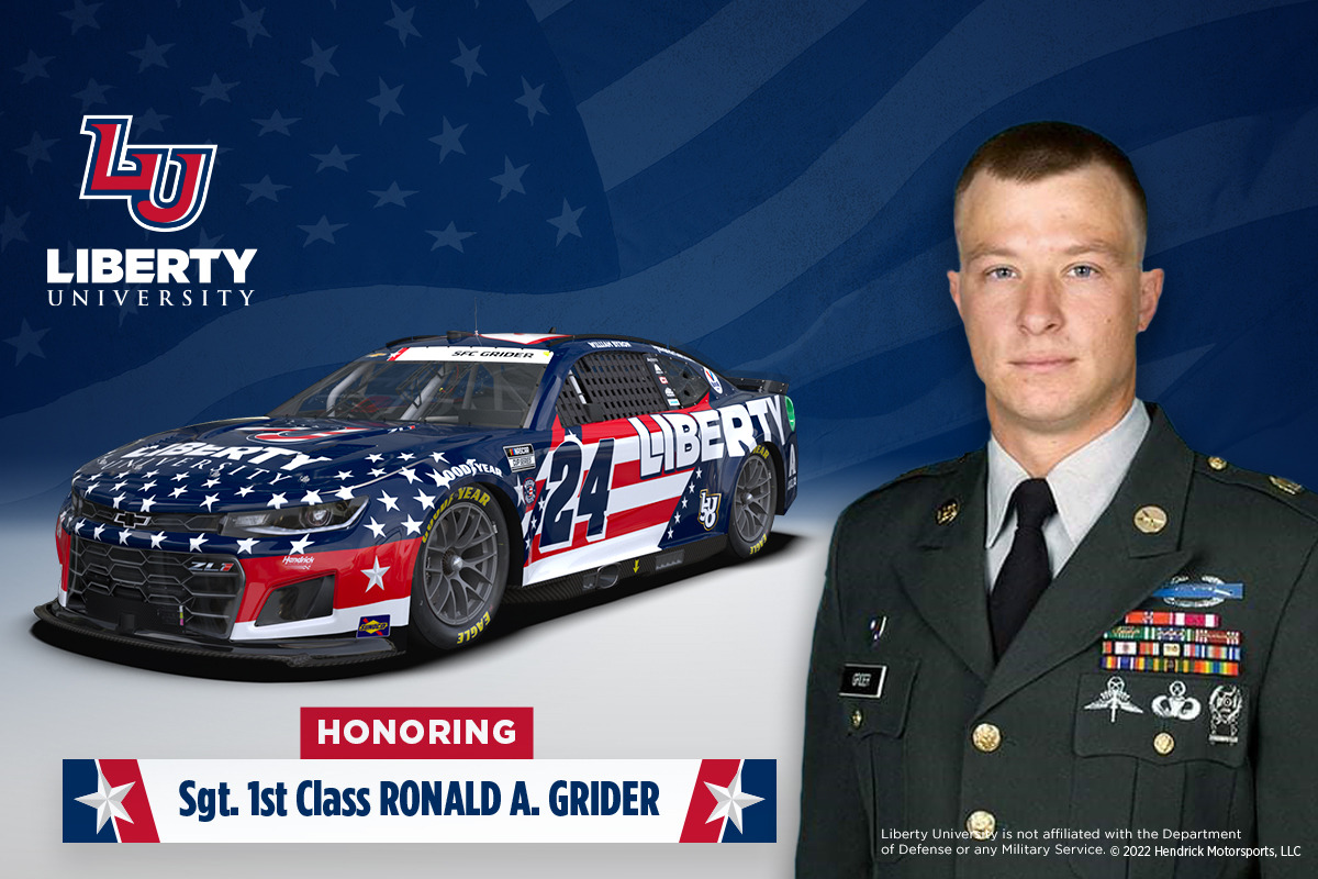 Liberty University NASCAR driver William Byron will race his Hendrick Motorsports Chevrolet Camaro ZL1 with a patriotic paint scheme for the 600 Miles of Remembrance Cup Series race on May 29 at Charlotte Motor Speedway in memory of former fellow Liberty Online Programs student Ronald A. Grider (right).