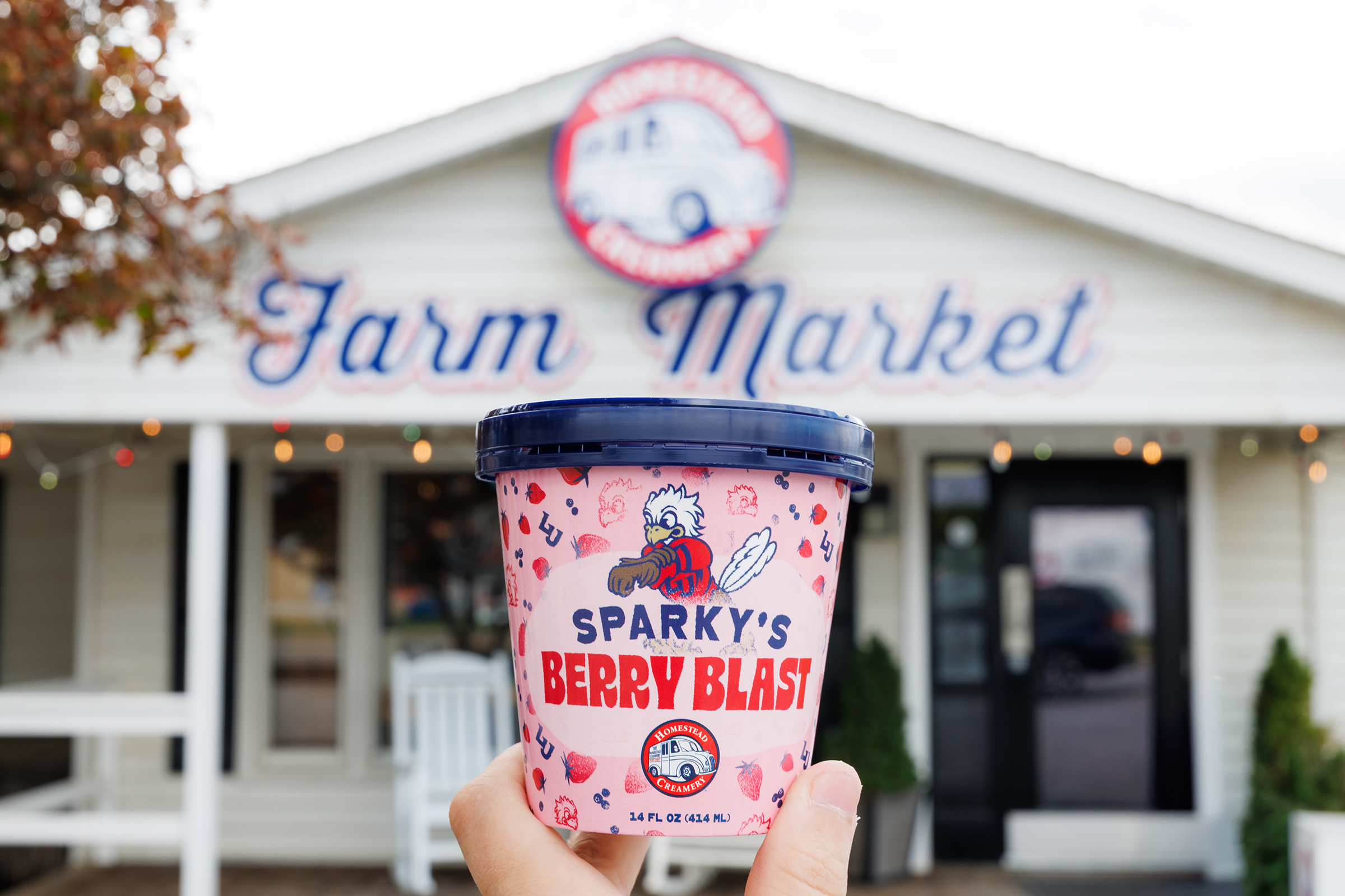 A hand holds a pink container of Sparky's Berry Blast ice cream in front of a white farm market building.