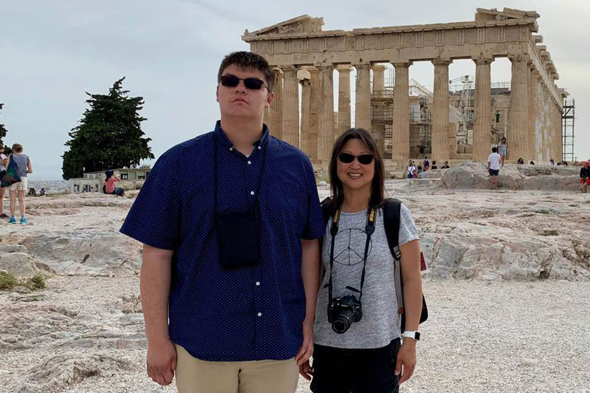 Warren and her son, Bailey, on a family trip to Greece