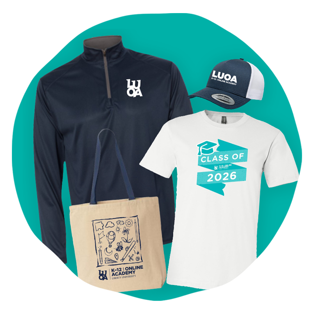LUOA gear including a t-shirt, a pullover, a hat, and a tote bag