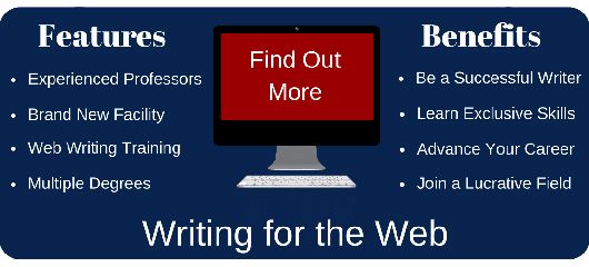 Writing For the Web Features versus Benefits. Features: experienced professors, brand new facility, web writing training, multiple degrees. Benefits: be a successful writer, learn exclusive skills, advance your career, join a lucrative field.